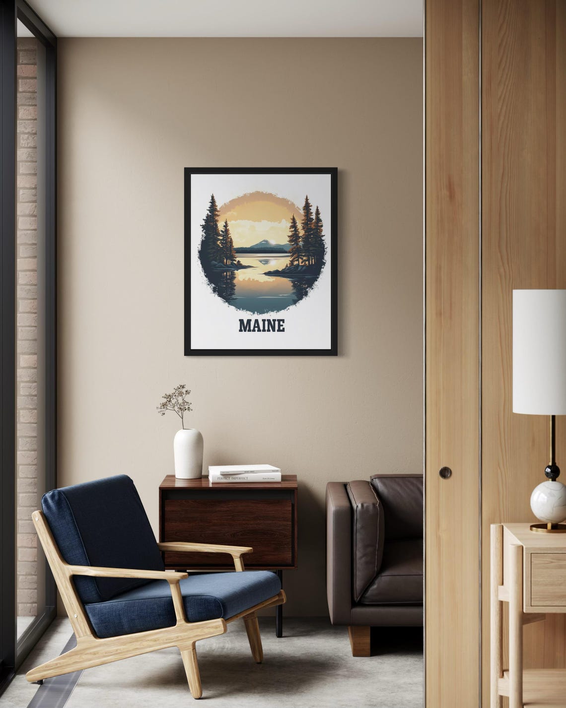 Maine Golden Sunrise Over Lake Pines Mountain Reflection Poster - Image 2
