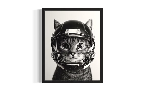 Black And White Tabby Cat Wearing American Football Helmet Poster