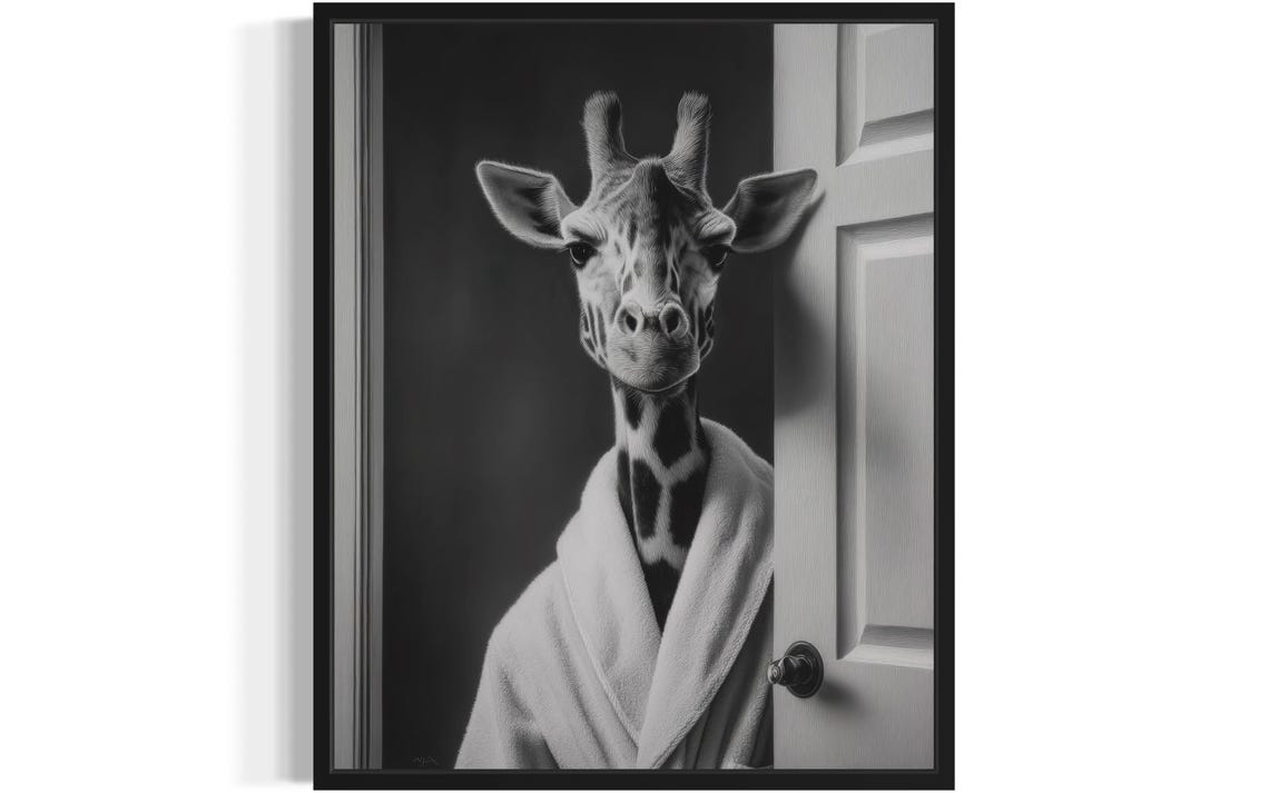 Giraffe in Bathrobe Black and White Funny Bathroom Art Poster