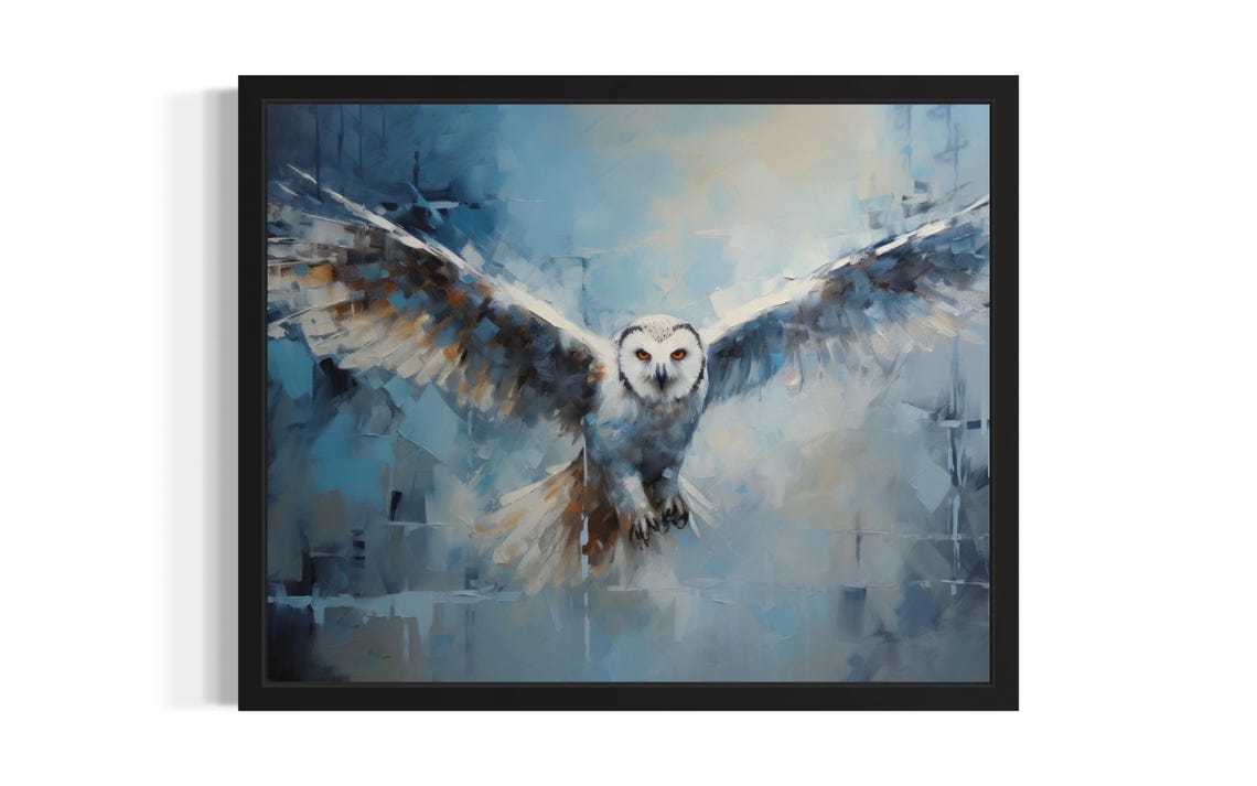 Snowy Owl in Flight Over Blue Winter Mist Original Painting Poster