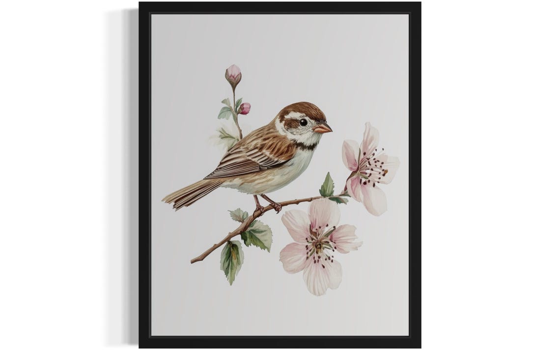 Charming Sparrow on Blossom Branch Botanical Watercolor Poster