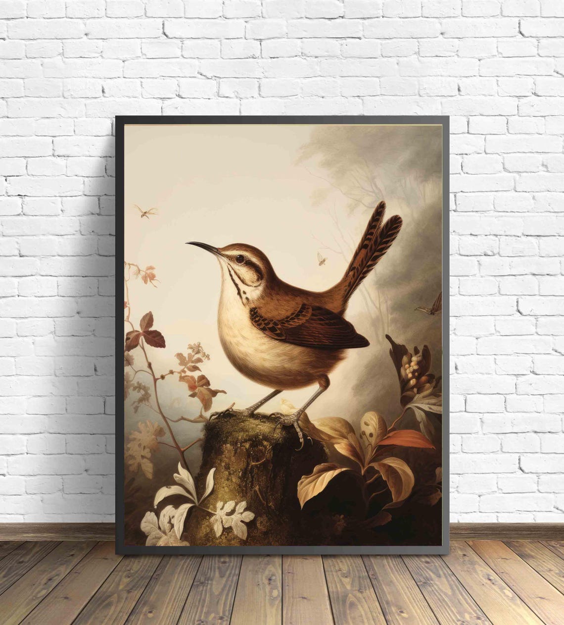 Wren Perched on a Mossy Stump in a Misty Forest Vintage Bird Poster - Image 2