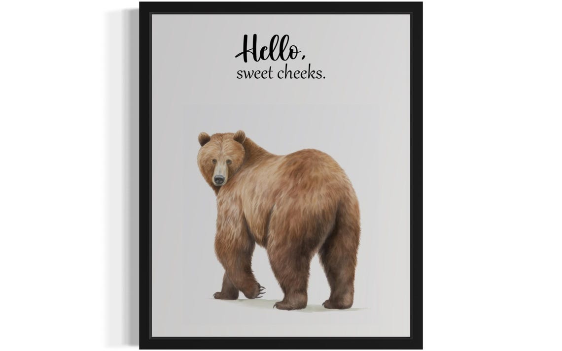 Brown Bear Rear View Hello Sweet Cheeks Funny Bathroom Poster