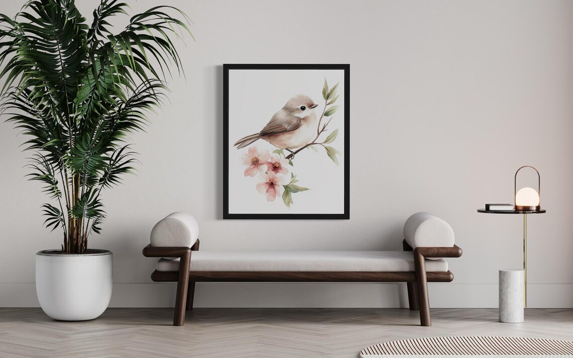 Bushtit Songbird on Blossom Branch Botanical Watercolor Poster - Image 3