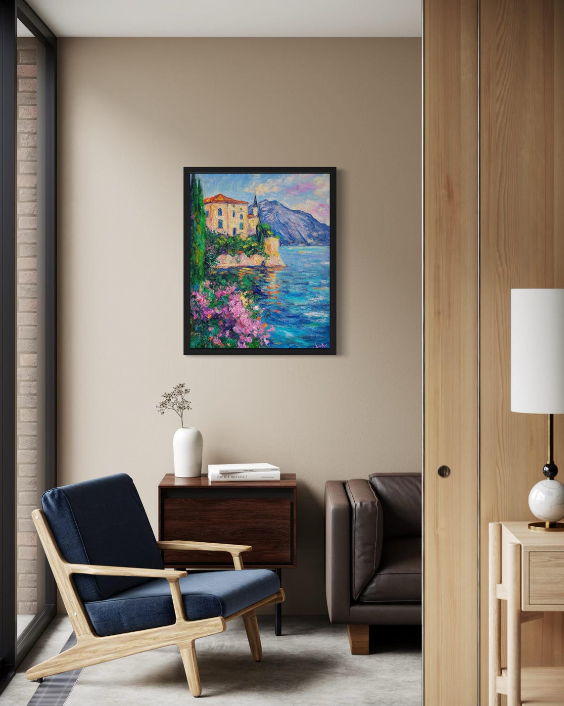 Lakeside Villa with Cypress and Mountains Impressionist Poster - Image 2