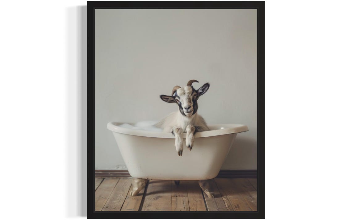 Baby Goat Bubble Bath Clawfoot Tub Funny Bathroom Art Poster