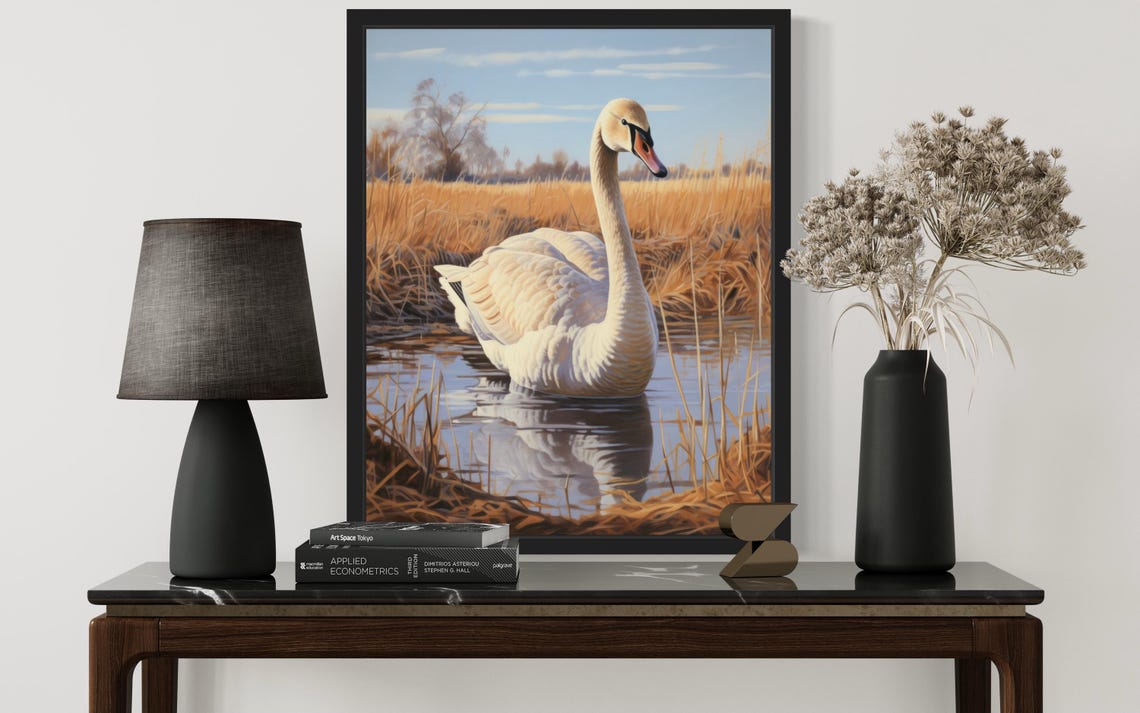 White Swan Wading In Golden Marsh Vintage Style Nature Poster - Image 2