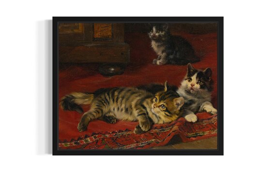 Three Kittens Lounging On Rich Red Carpet Vintage Style Poster