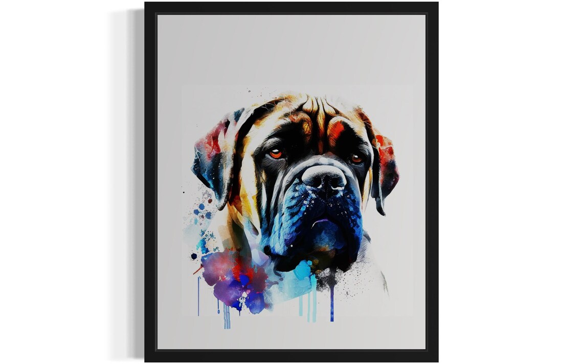 English Mastiff Watercolor Portrait Blue Splash Ink Art Poster