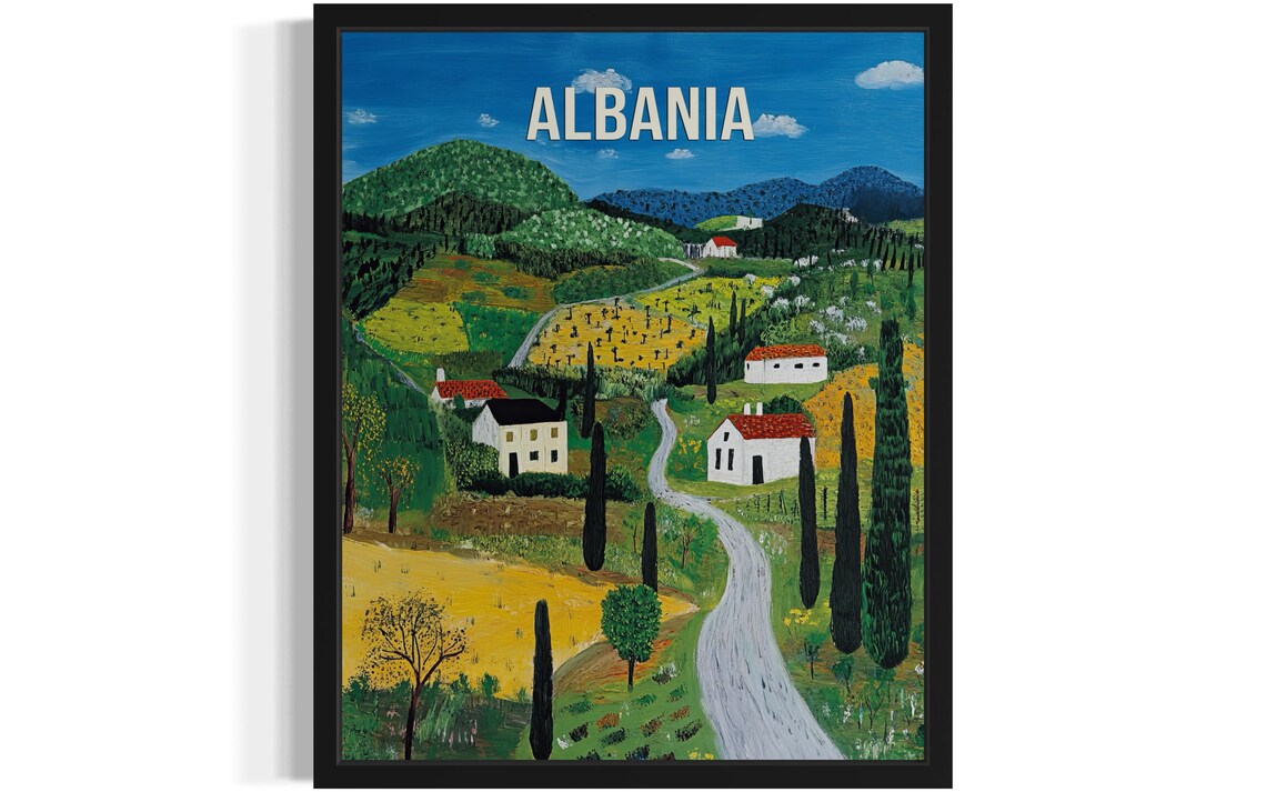 Albania Countryside Rolling Hills Naive Village Travel Art Poster