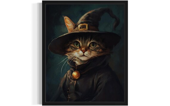 Tabby Cat Witch Portrait With Pointed Hat And Dark Cloak Poster