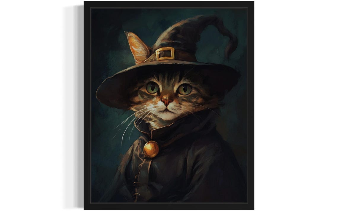 Tabby Cat Witch Portrait With Pointed Hat And Dark Cloak Poster