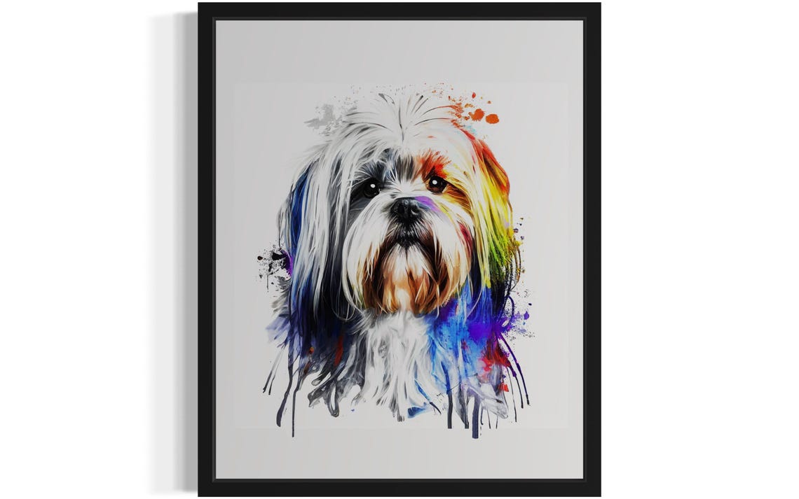 Lhasa Apso Rainbow Watercolor Portrait Long-Haired Dog Poster
