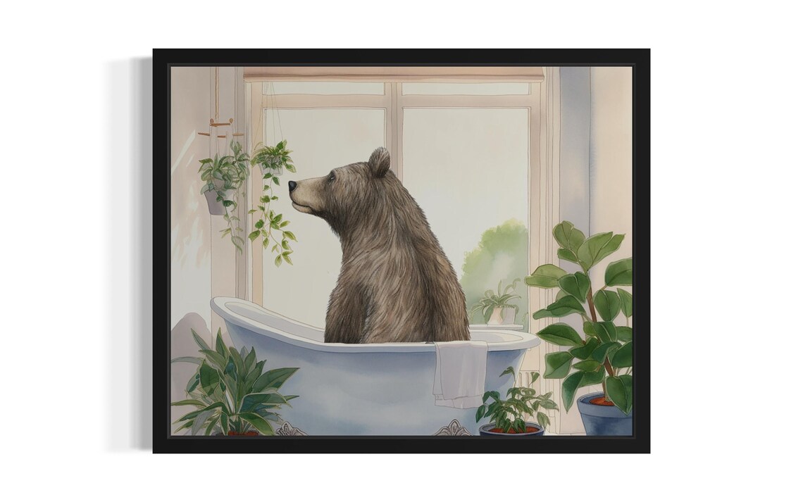 Brown Bear Relaxing In Clawfoot Bathtub Among Houseplants Poster