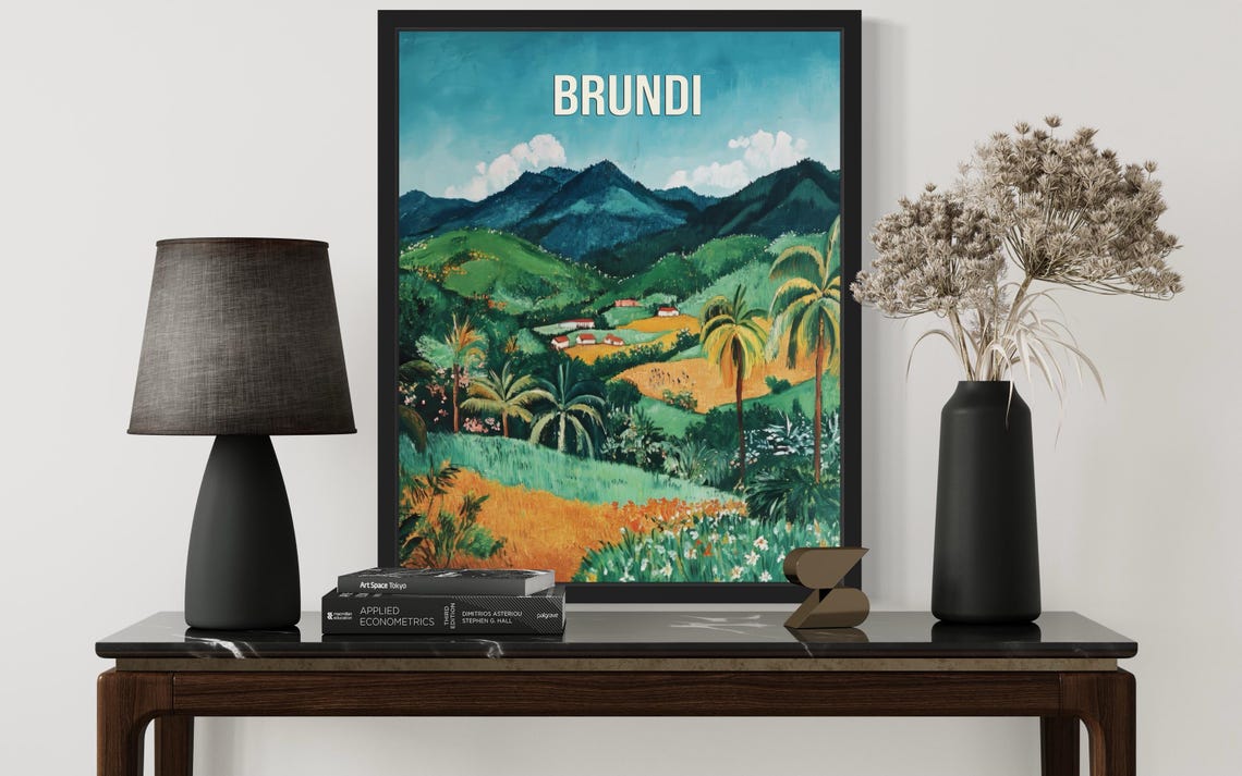Brundi Palm Dotted Mountains Lush Valley Naive Folk Art Travel Poster - Image 4