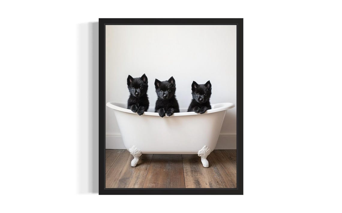 Three Cute Black Puppies White Bathtub Playful Nursery Photo Poster