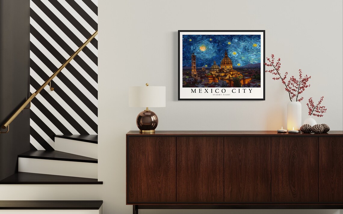 Mexico City Starry Night Cathedral Domes Old Town Art Poster - Image 4