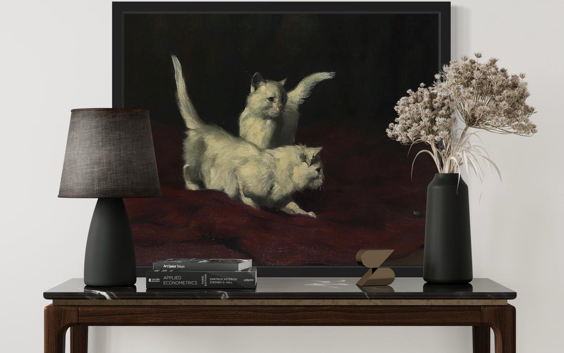 Two White Kittens Playing On Dark Red Velvet Vintage Style Poster - Image 3