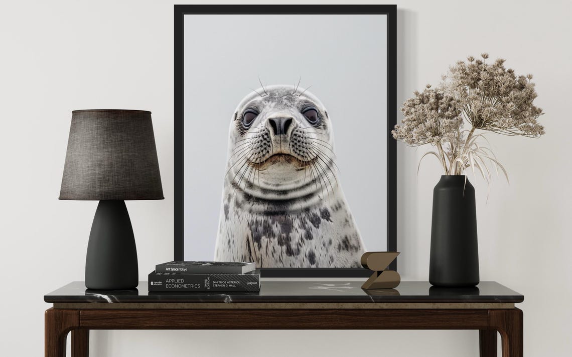 Sweet Harbor Seal Face Close-Up on Gray Background Photo Poster - Image 2