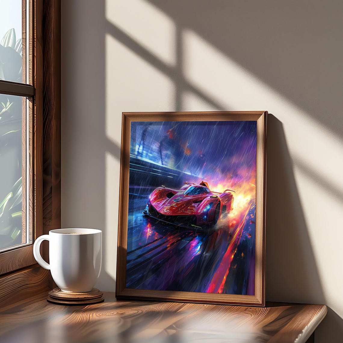 Futuristic Red Race Car Rainy Night Neon Retrofuturism Poster