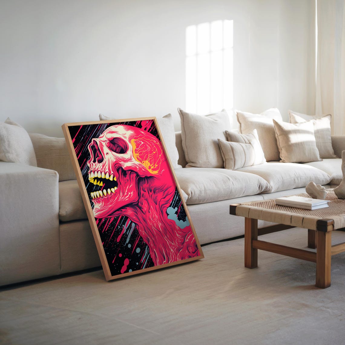 Neon Pink Psychedelic Skull Brain Gothic Cinematic Art Poster