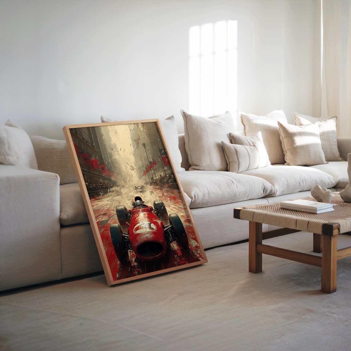 Bold Dramatic Abstract Red Vintage Race Car City Speed Oil Print