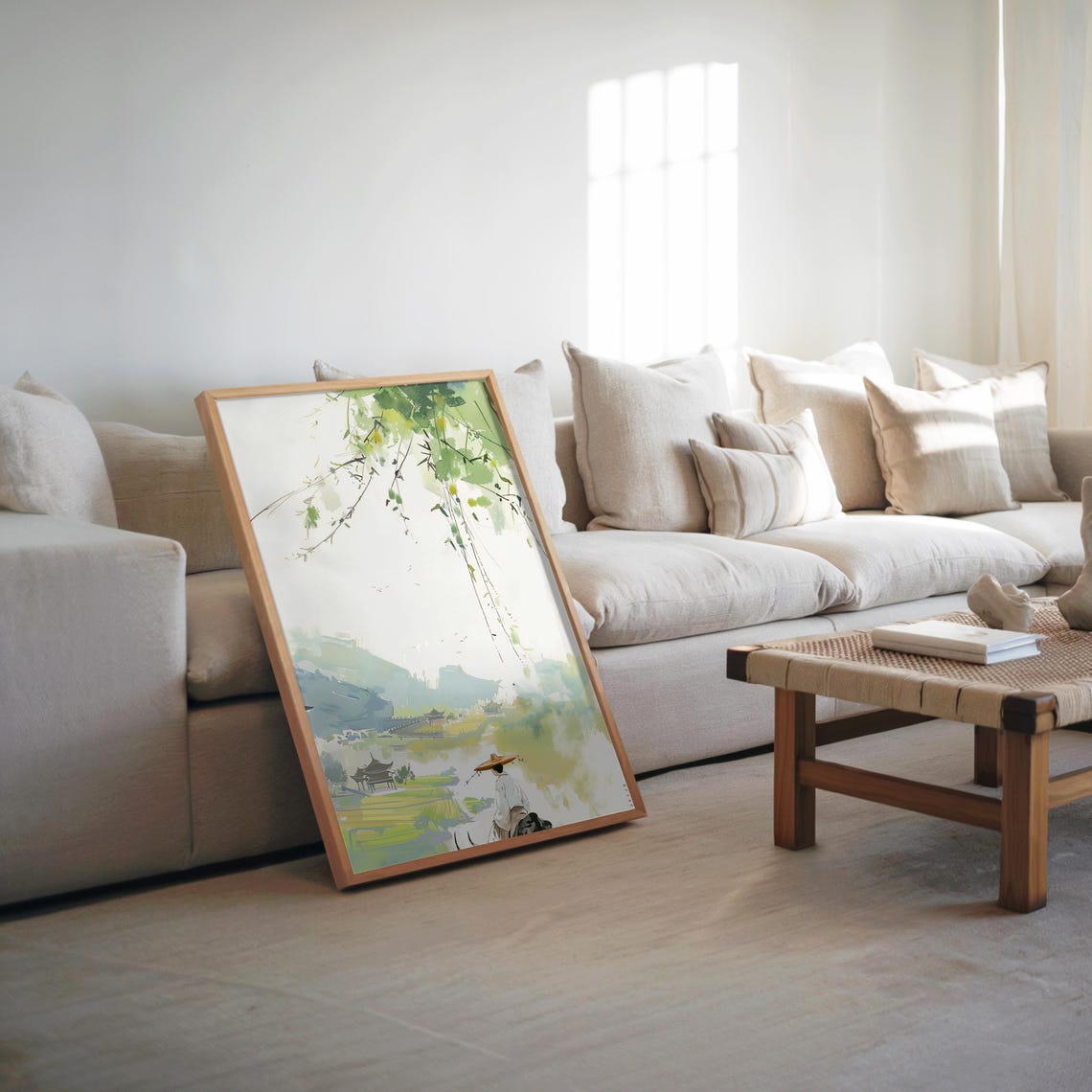 Ink Wash Fisherman Willow Pagoda Tranquil Chinese Landscape Poster