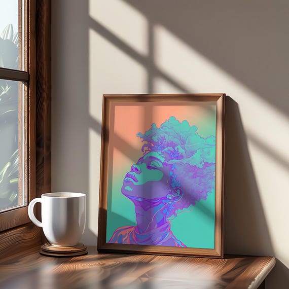 Vibrant Woman Portrait Psychedelic Vaporwave Art Illustration Neon Colors Poster Curly Hair Print Earphones