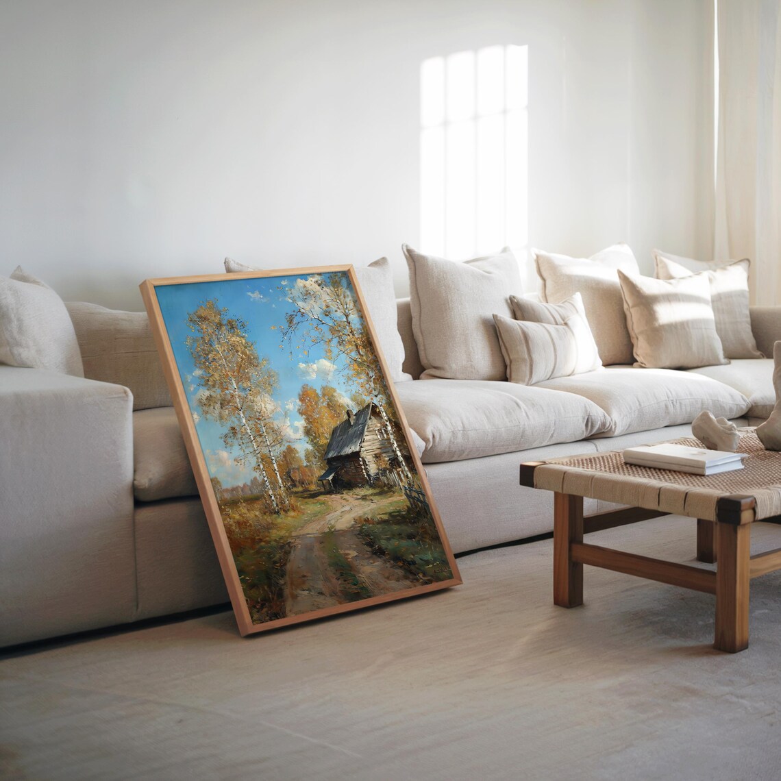 Birch Forest Wooden Cabin Autumn Impressionist Oil Painting Poster