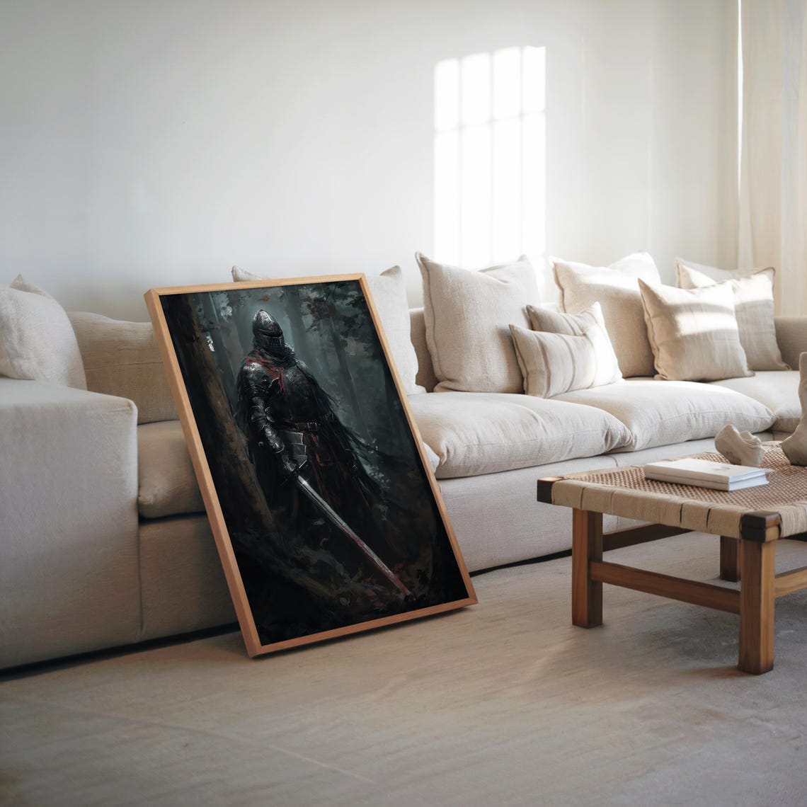 Anime Style Art Oil Painting Poster Man In Armor Sword Theme Cinematic Lighting Dramatic Ambiance Cool Tones Muted