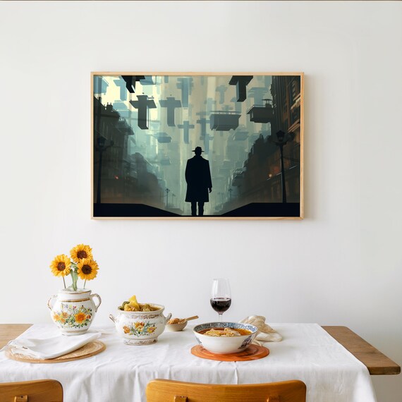 Modernist Surrealism Cityscape Art Man In Hat Painting Cool Colors Wall Print Contemporary Unique Home