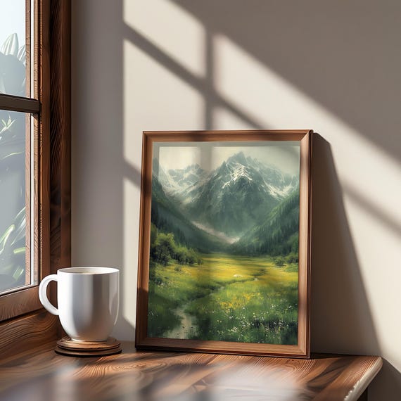 Impressionist Mountain Stream Poster Dreamy Landscape Warm Tones Muted Color Palette Art Cinematic Aesthetics Wall