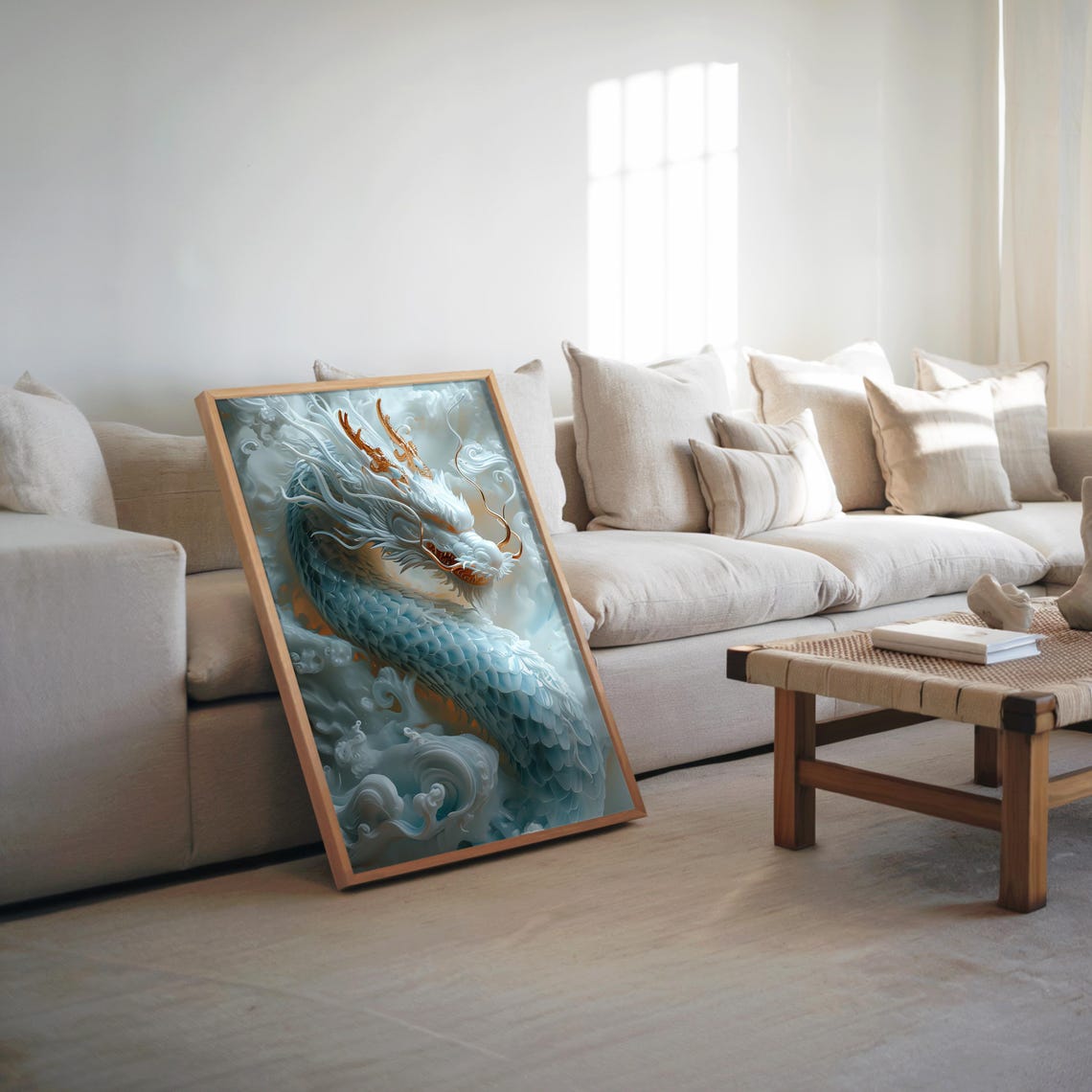 Mythical White Chinese Dragon in Clouds Cool Tones Maximalist Poster