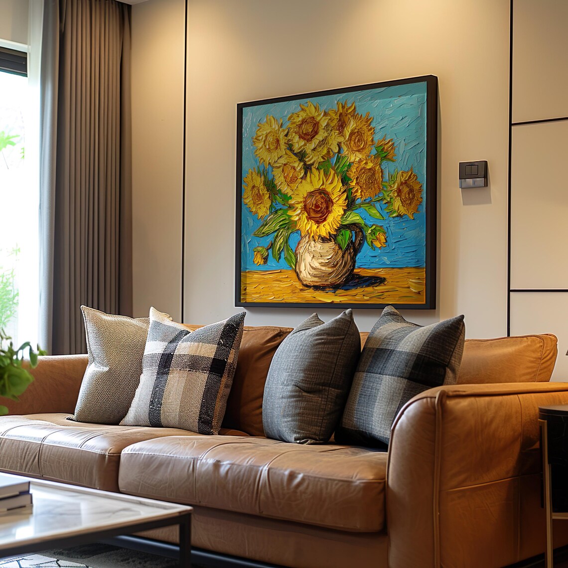 Sunflowers In Vase Poster Van Gogh Style Impasto Oil Painting Floral