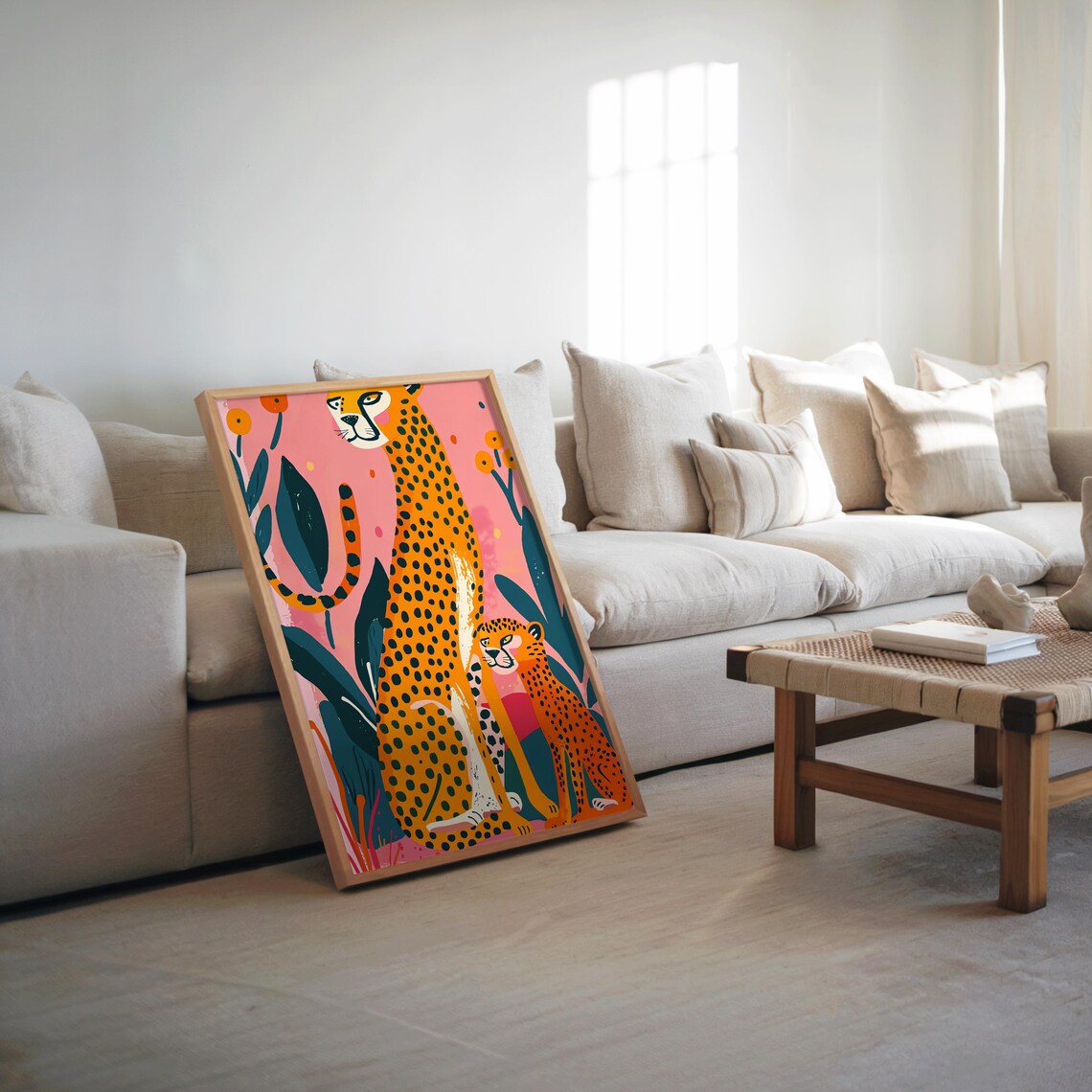 Midcentury Cheetah Mother And Cub Pink Jungle Gouache Art Poster