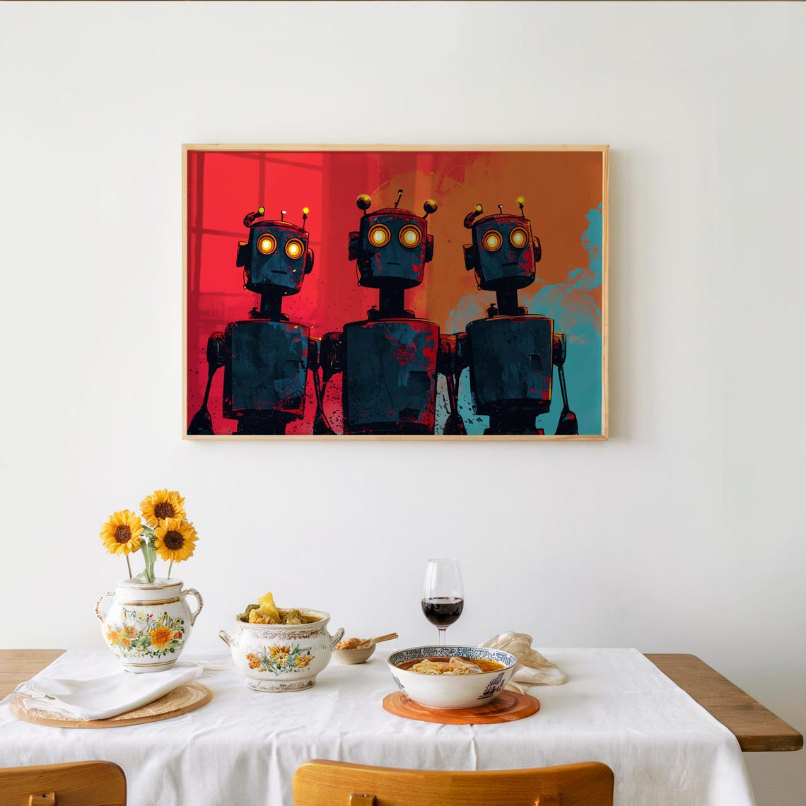 Retro Robot Trio Poster with Three Robots in Bold Red Orange and Teal