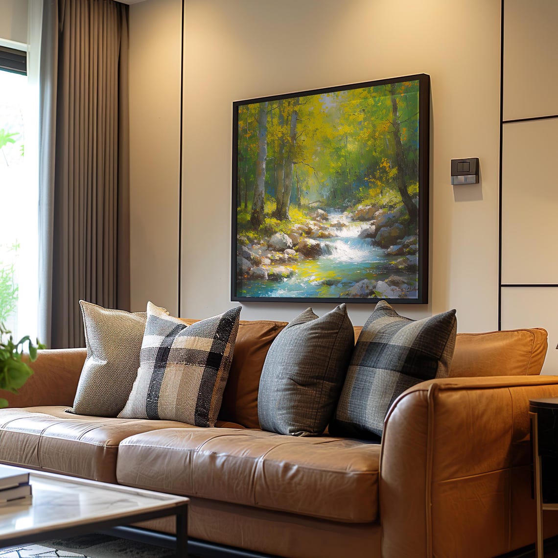 Sunlit Forest Stream Rocky Brook Impressionist Painting Wall Art