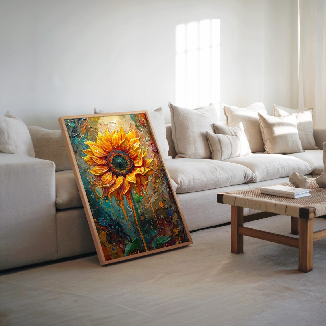 Psychedelic Sunflower Dripping Paint Vibrant Warm Colors Art Poster
