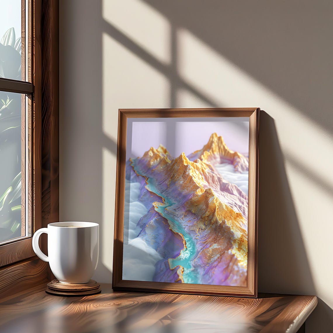 Vaporwave 3D Mountain Peaks Pastel Gold Dreamy Landscape Poster