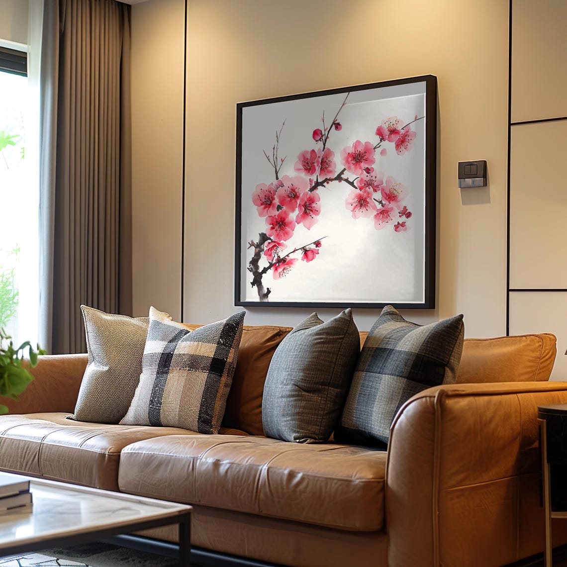 Pink Cherry Blossom Branch Watercolor Minimalist Floral Art Poster