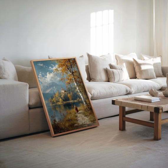 Impressionistic Woman Lake Stroll Vibrant Warm Tones Dreamy Cinematic Vibe Modern Oilacrylic Art