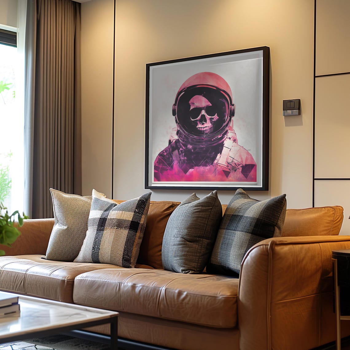 Astronaut Skull Retro Space Helmet Pink Neon Futurism Art Poster