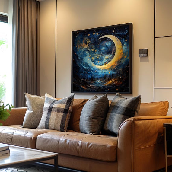 Crescent Stars Night Sky Poster Maximalist Impressionism Art Dreamy Oil Painting Detailed Airbrush Work Vibrant Cool