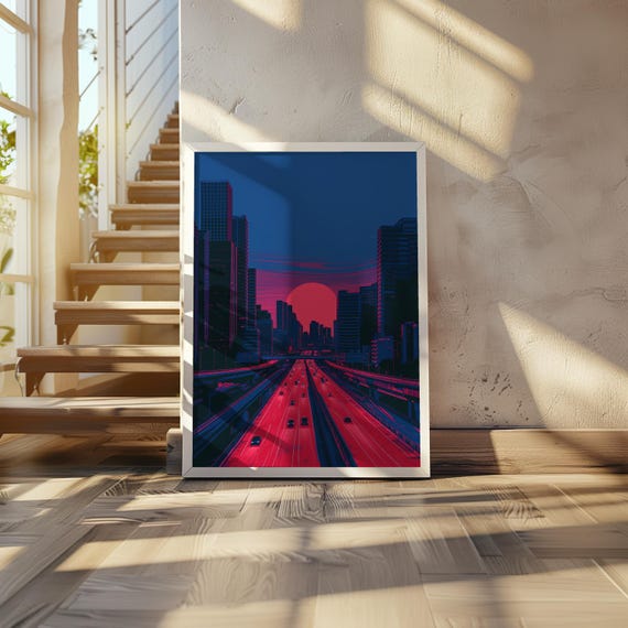 Synthwave Retrofuturism City Highway Poster Pixel Art Illustration Neon Cool Tones Cinematic Urban Vibe Car 20 X 28