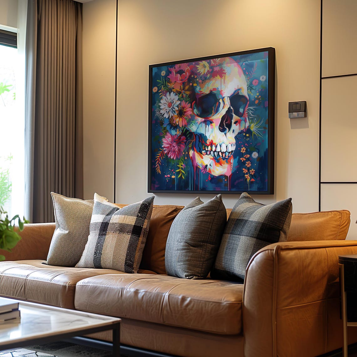 Psychedelic Skull Poster Maximalist Art Vibrant Neon Colors Dreamy Acrylic Paint Screen Print Detailed Unique Floral