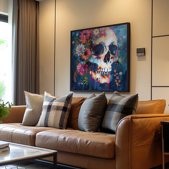 Psychedelic Skull Poster Maximalist Art Vibrant Neon Colors Dreamy Acrylic Paint Screen Print Detailed Unique Floral