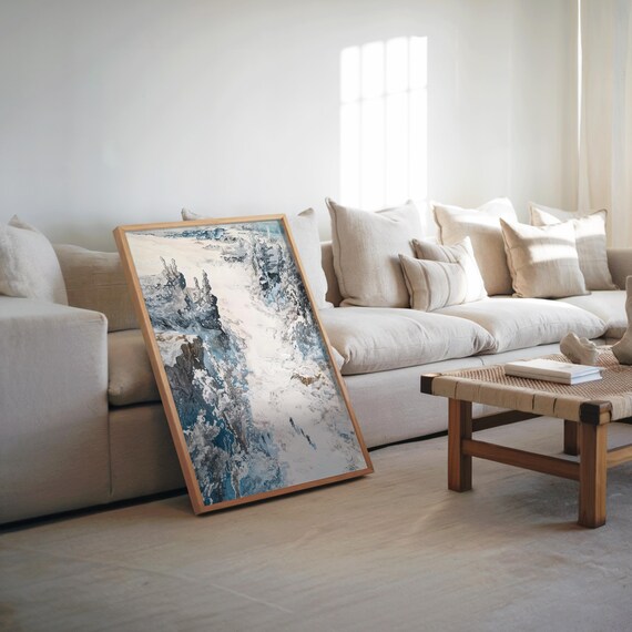 Expressive Snowy Mountain Slope Blue White Abstract Oil Painting Poster