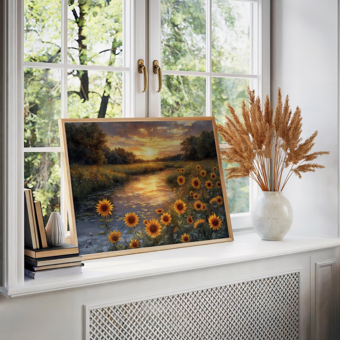 Sunflower River Sunset Poster Impressionist Oil Painting Golden Field