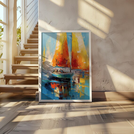 Sailboat Sunset Sails Impressionist Oil Painting Vibrant Ocean Wall Art