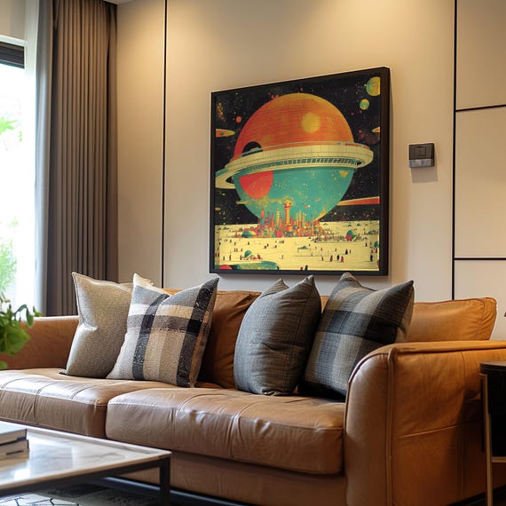 Futuristic City Amidst Planets Retrofuturism Maximalist Pixel Art Cool Tones Palette Scifi Print Space